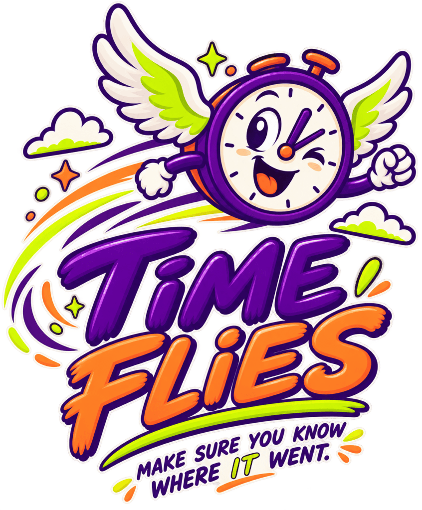 Time Flies Logo with the slogan. A clock flying through the air.